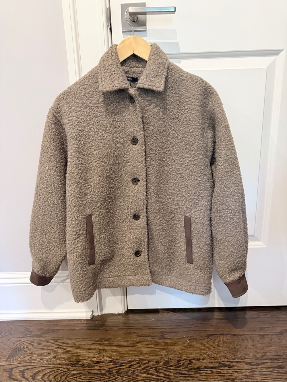 DREW Teddy Sherpa Jacket - Women's Plush Coat with Faux Brown Leather trim